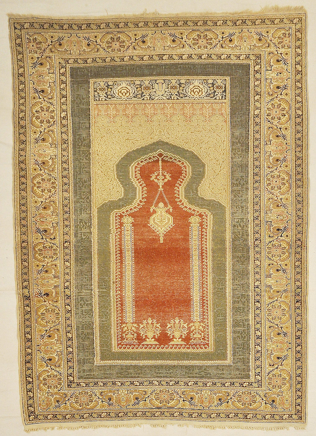 30126 Unique Antique Turkish Silk Prayer Rug with Two Metal Thread Scripts 30126