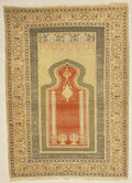 30126 Unique Antique Turkish Silk Prayer Rug with Two Metal Thread Scripts 30126