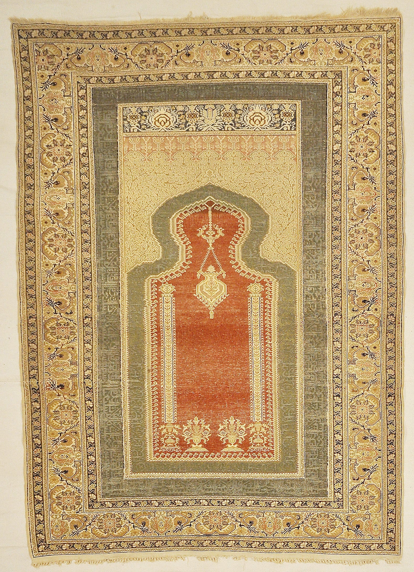30126 Unique Antique Turkish Silk Prayer Rug with Two Metal Thread Scripts 30126