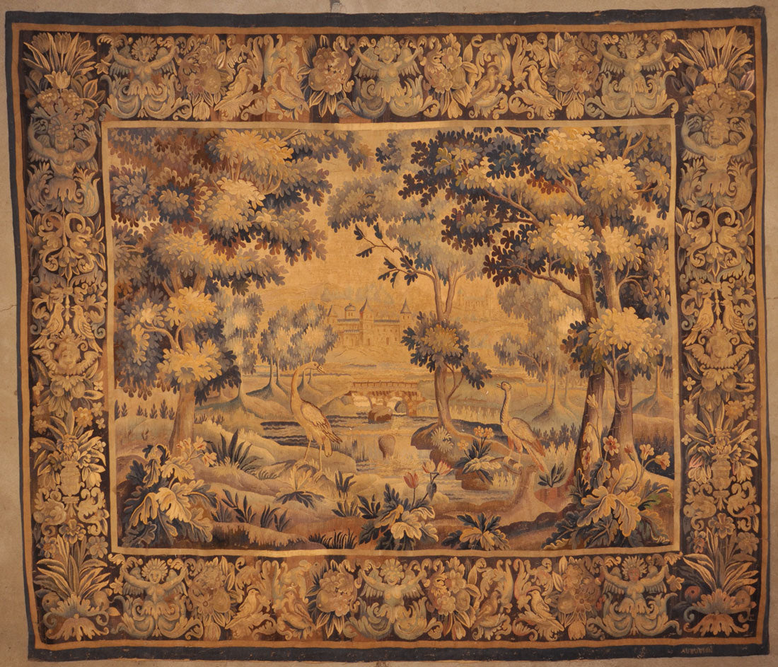 27499 Antique Original Aubusson Tapestry